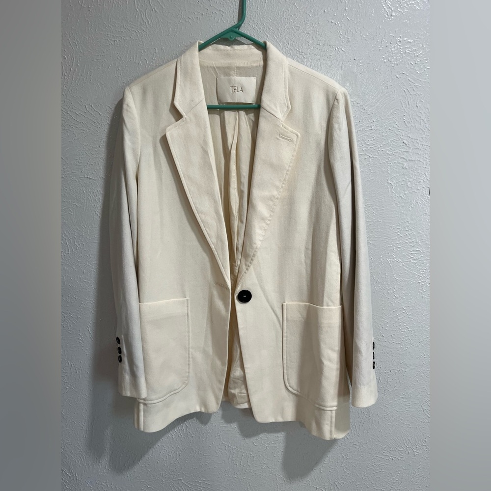 Tela Wool Pointed Collar Patch Pockets Cream Beige Blazer Jacket Size Large